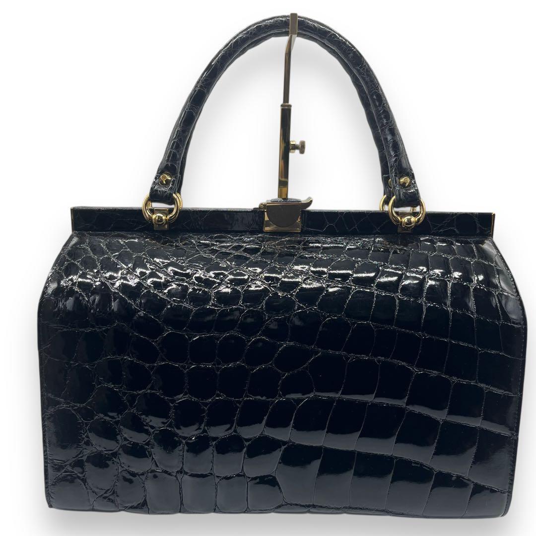 極美品■シャイニングクロコ　本革　ドクターバッグ　ボストンバッグ　ブラック　艶