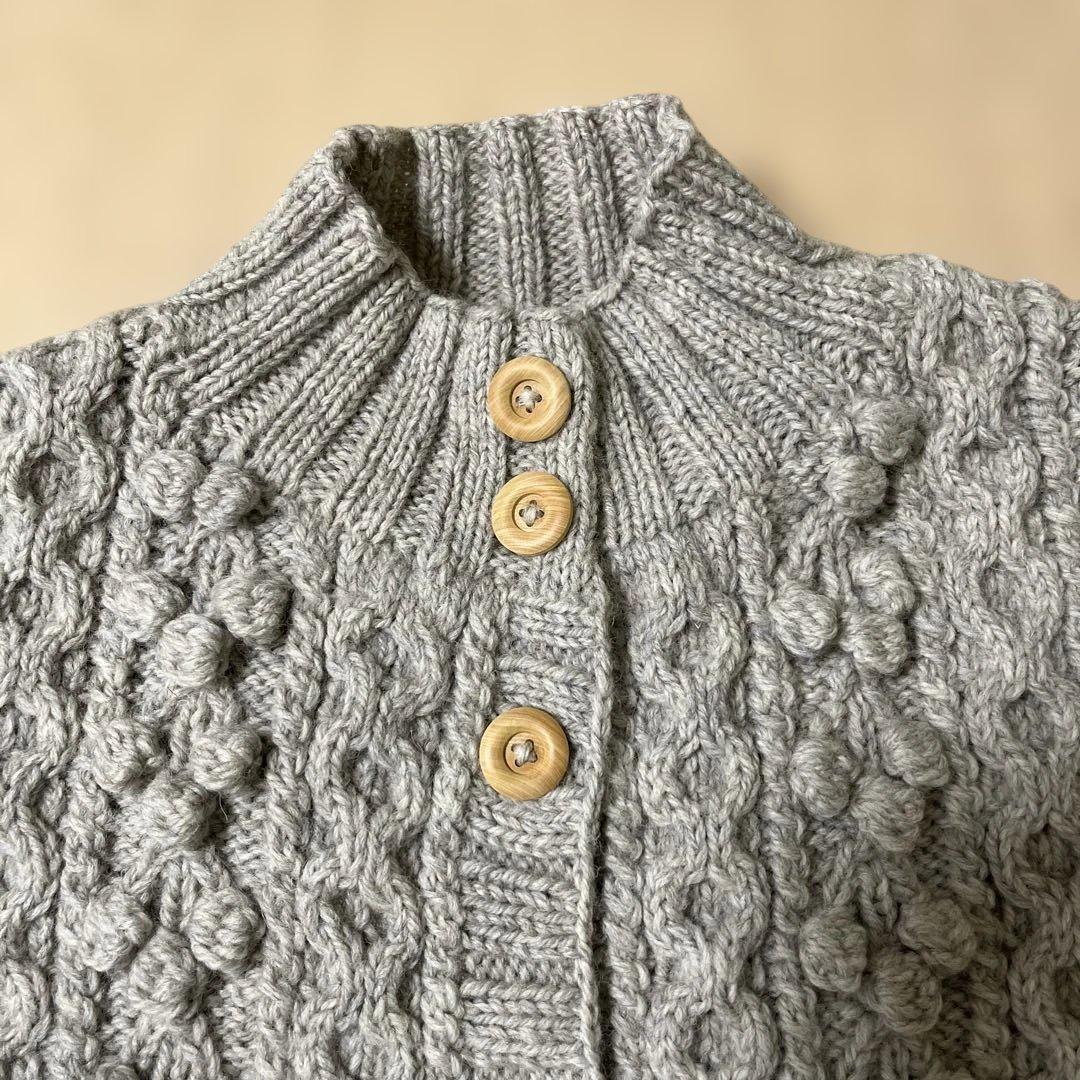 グレー ケーブル編み カーディガン　ハンドメイド　ハマナカ　ソノモノウール100