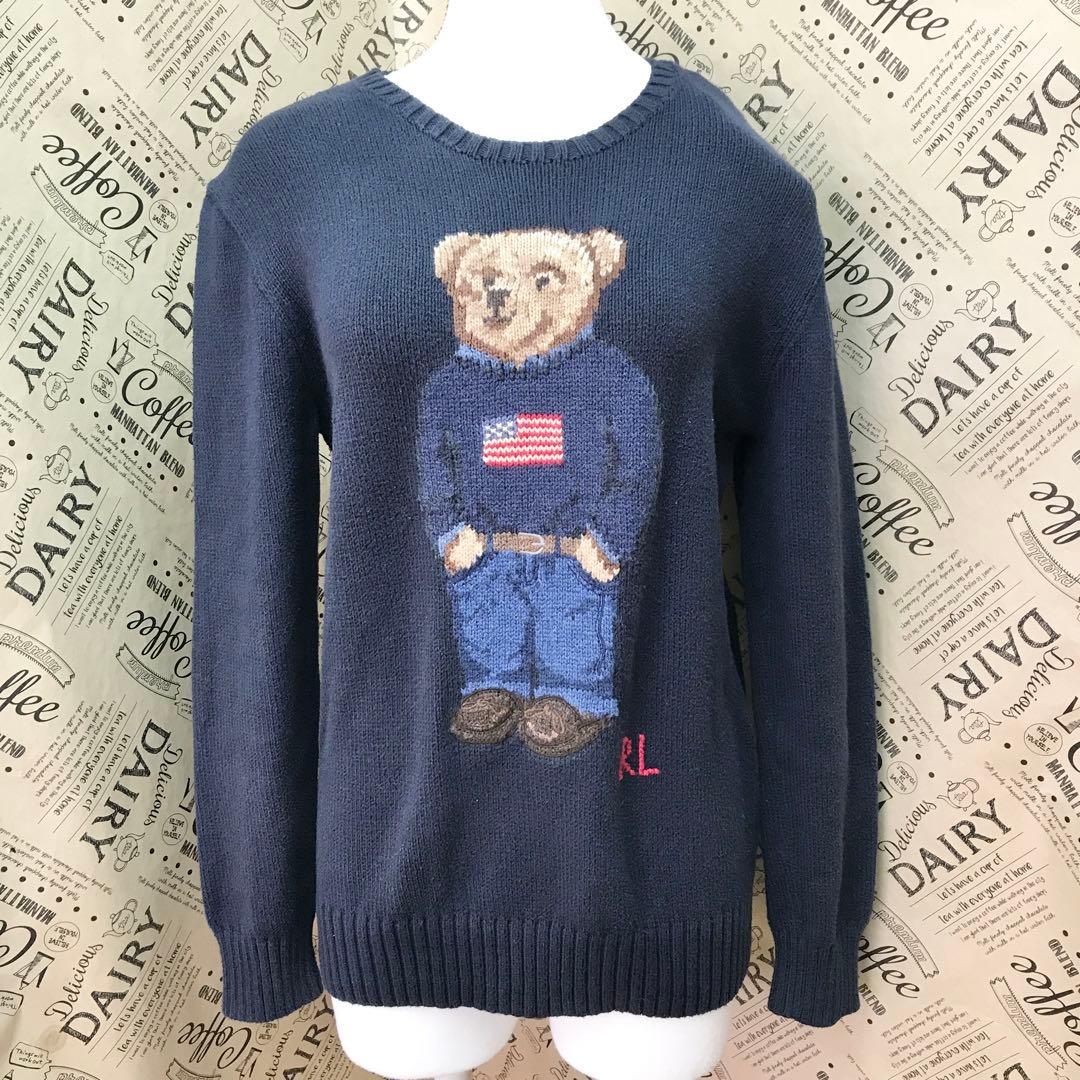 ポロ ラルフローレン ニット セーター ベア 紺 160L 星条旗 S3369