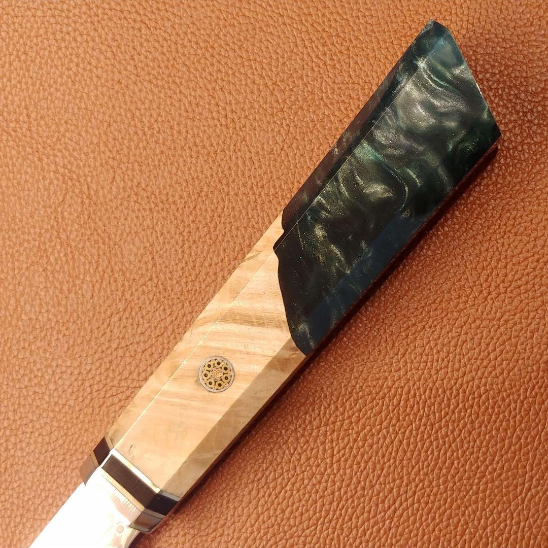 プレゼント付き　V金10号 　67層　ダマスカス包丁　青緑柄　剣型　牛刀