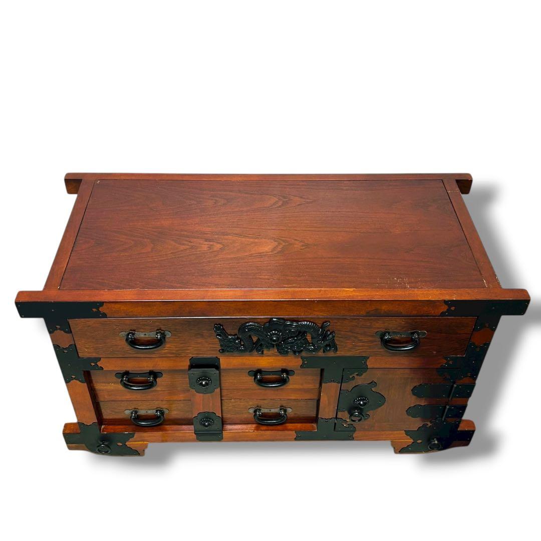 【送料無料】からくり箪笥 車箪笥 龍 雲龍金具 キャビネット レトロ 旧家