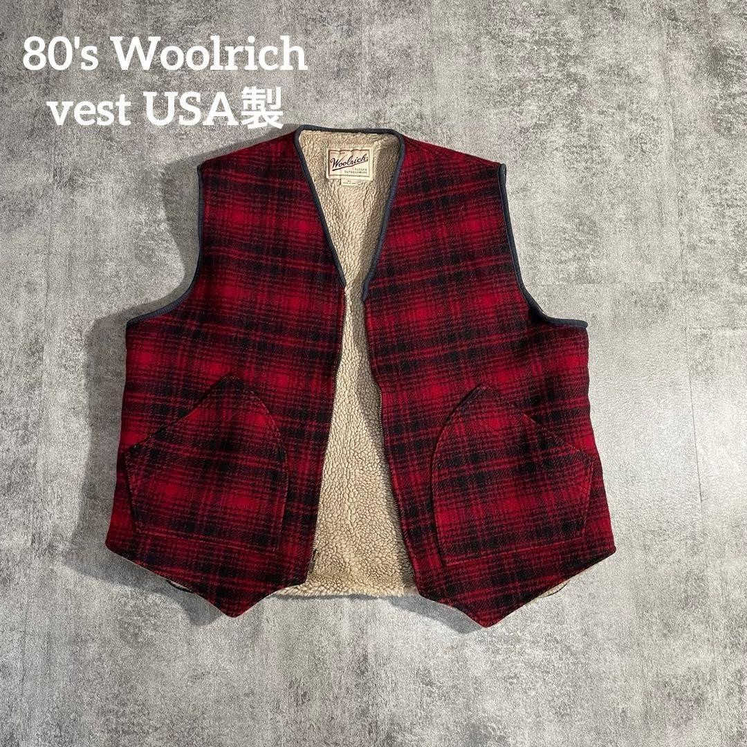 80's美品WoolrichウールリッチUSA製ベスト赤チェックXL裏地ファー