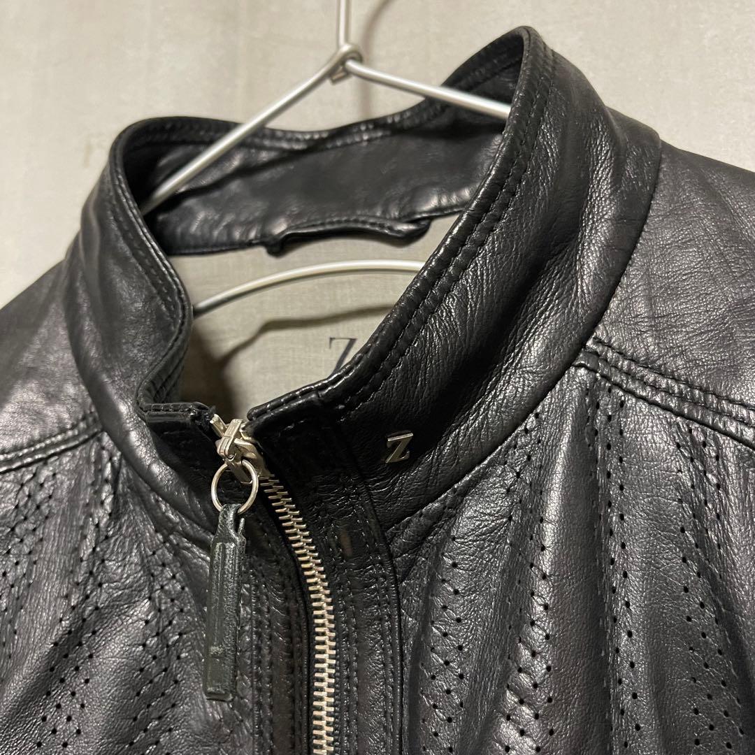 Zegna パンチングレザー シングル ライダース ジャケット シープスキン