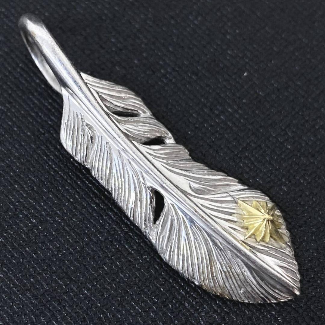 美品 SAAD K18 サンシンボル シルバー 40mm フェザー ペンダント