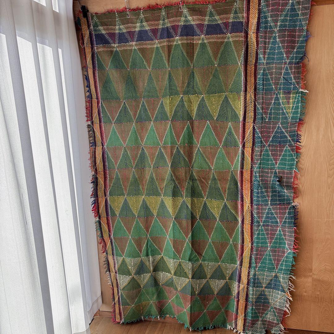 未使用＊訳アリ　ヴィンテージラリーキルト　グリーントライアングル　マルチカバー