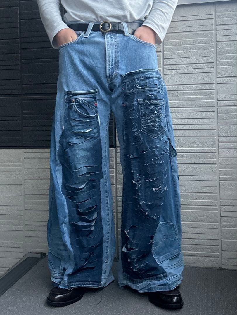 【再構築】リメイクデニム ワイドパンツ ハードダメージ加工 ボロ パッチワーク