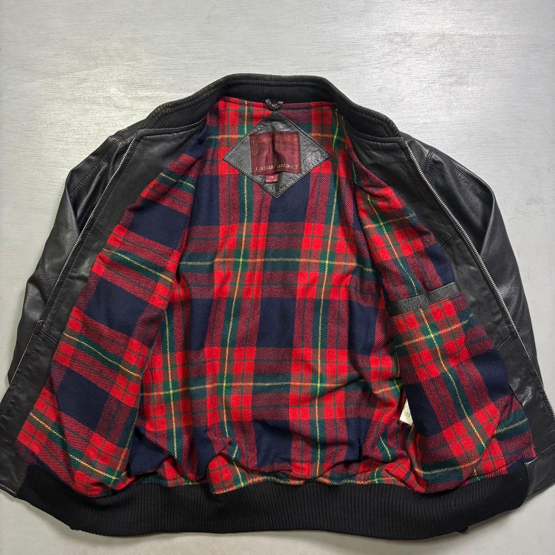 vintage レザージャケット　ブルゾン　本革オールレザー　チェック　短丈　M