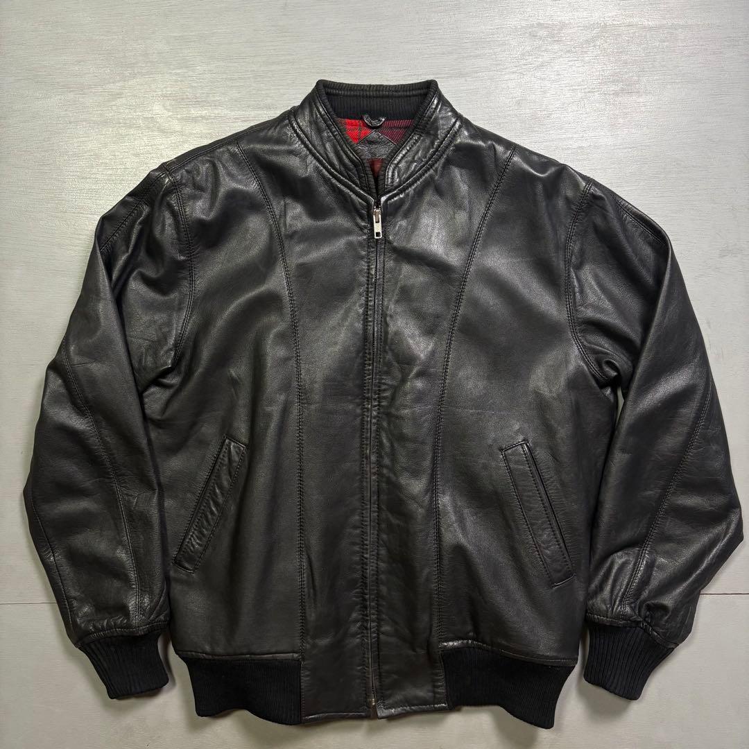 vintage レザージャケット　ブルゾン　本革オールレザー　チェック　短丈　M