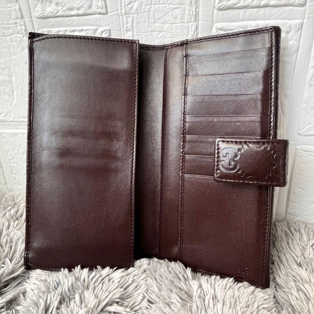 良品✨GUCCI シマ　ロゴプレート　Wホック　ダークブラウン　長財布　メンズ