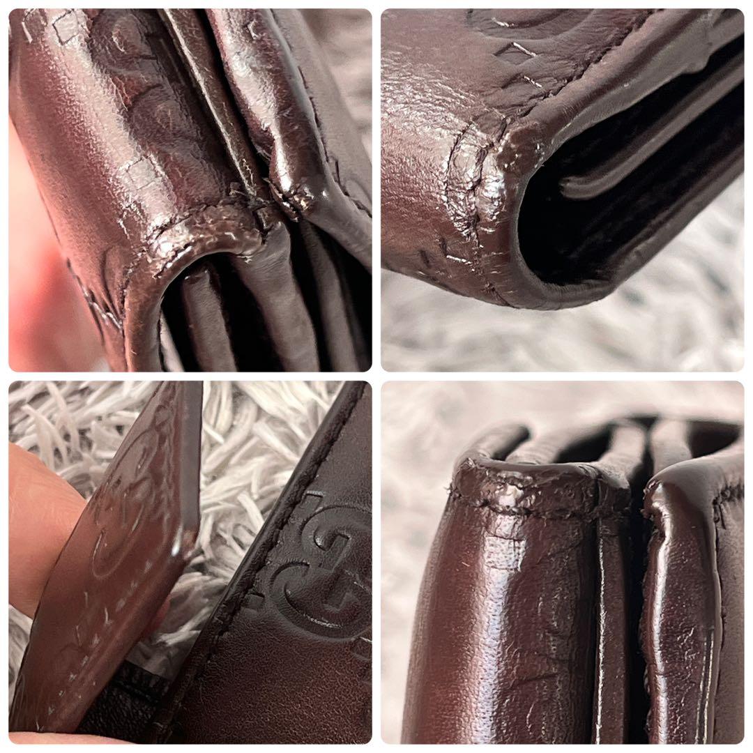 良品✨GUCCI シマ　ロゴプレート　Wホック　ダークブラウン　長財布　メンズ