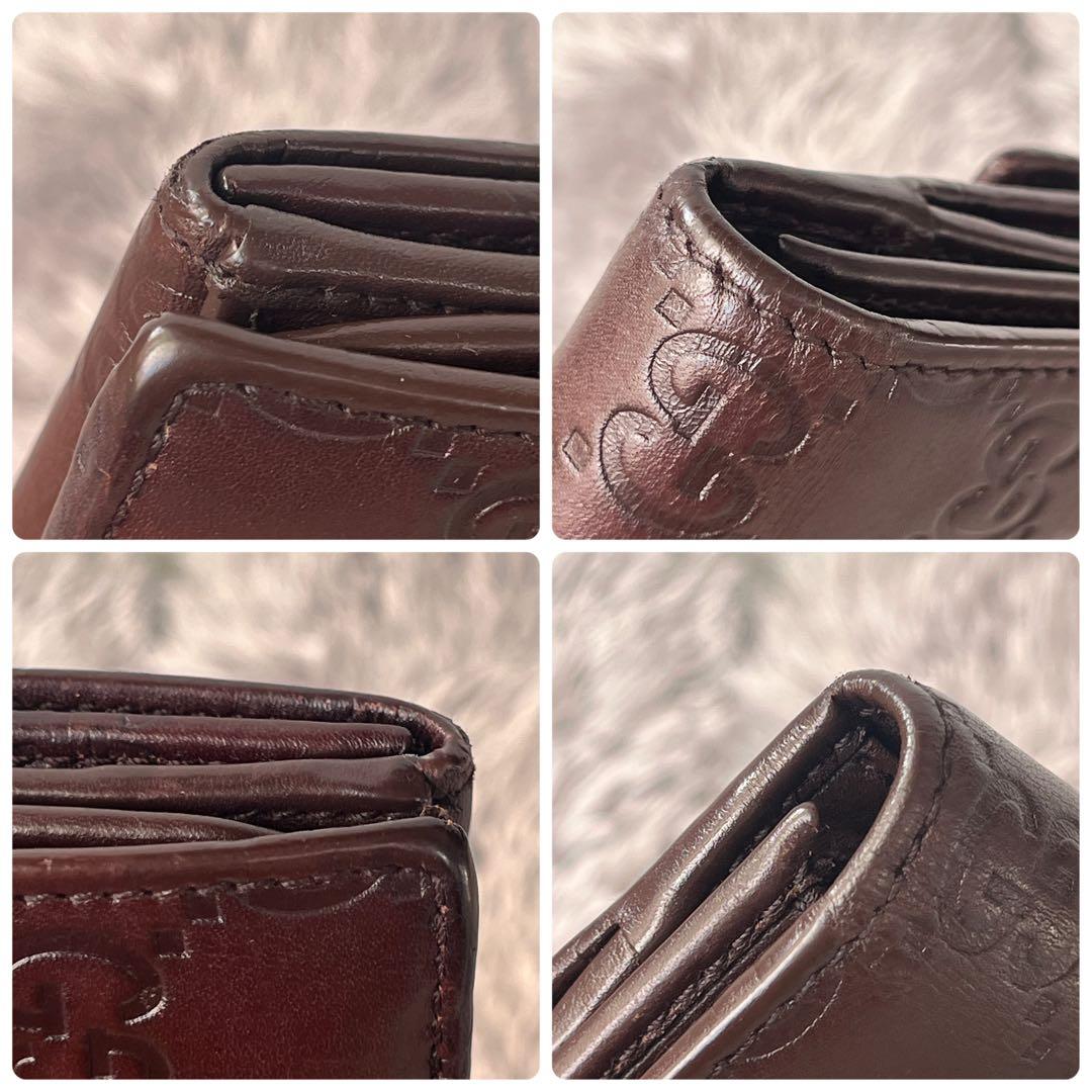 良品✨GUCCI シマ　ロゴプレート　Wホック　ダークブラウン　長財布　メンズ