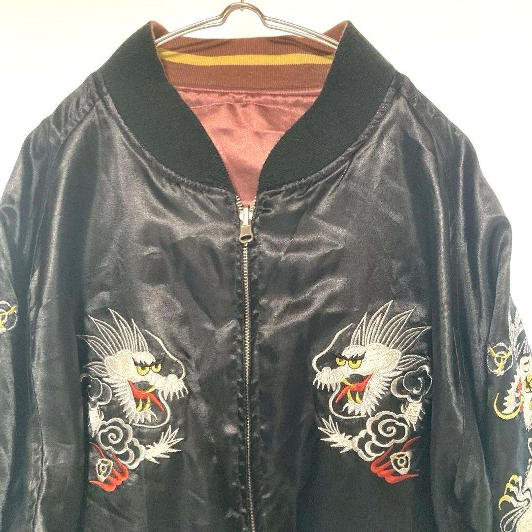 リバーシブル スカジャン 龍 鷹 刺繍 日本地図 Lサイズ 和柄 ヴィンテージ風
