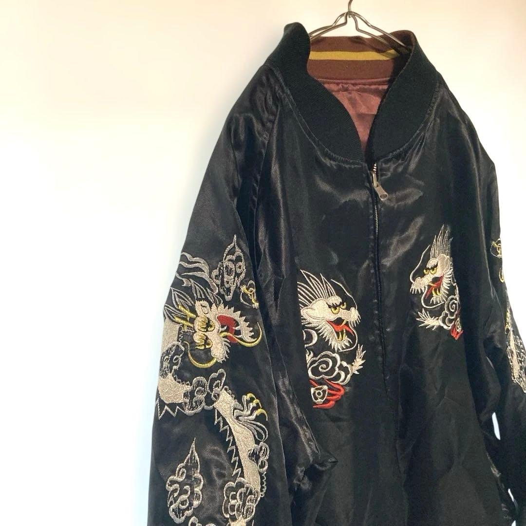リバーシブル スカジャン 龍 鷹 刺繍 日本地図 Lサイズ 和柄 ヴィンテージ風
