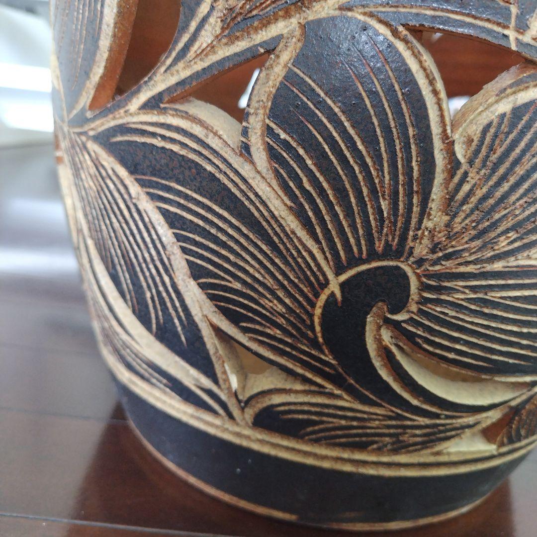 アンティーク 信楽焼傘立て 透かし彫刻 北欧インテリア 高さ42.5cm