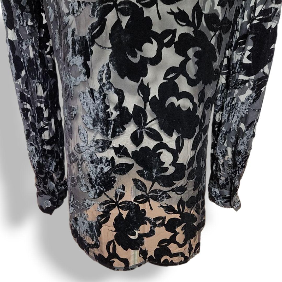 ジョルジオ・アルマーニ イタリア製 シルク使用 ベロアフラワー柄シアーシャツ 黒