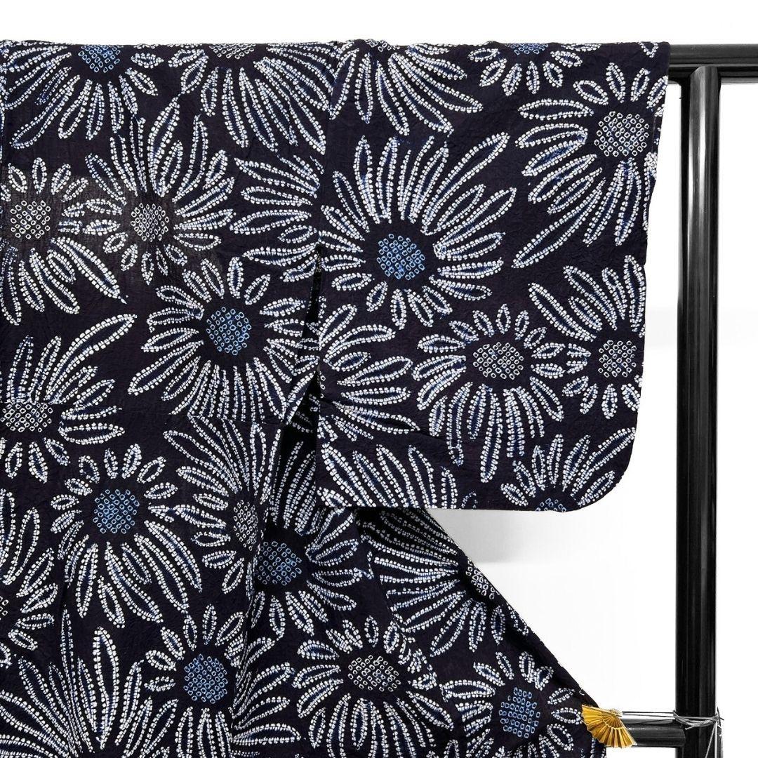 向日葵　花模様　藍染　浴衣　有松鳴海絞り　着物　035a p