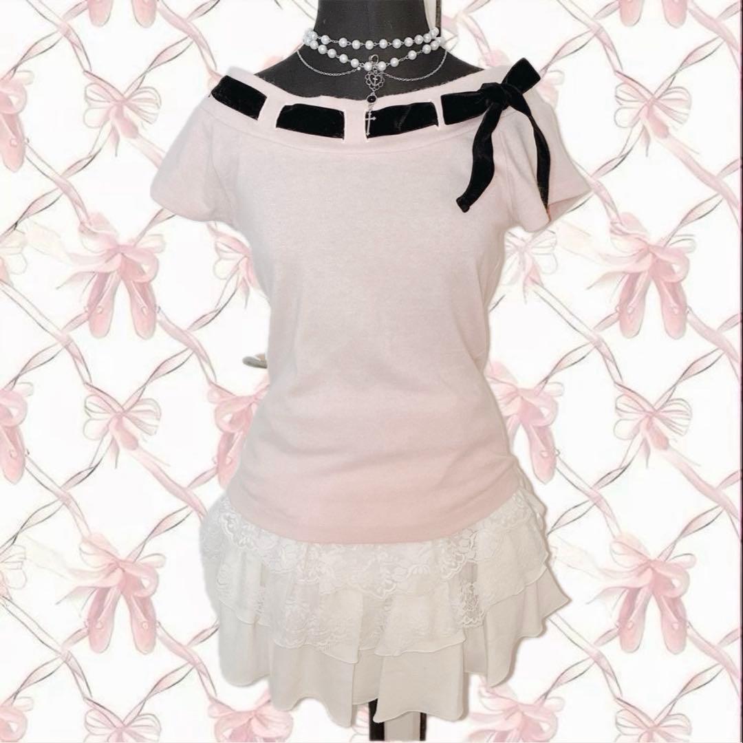 姫 LIZLISA系 平成 ベロアリボン オフショル トップス ウィッシュコア