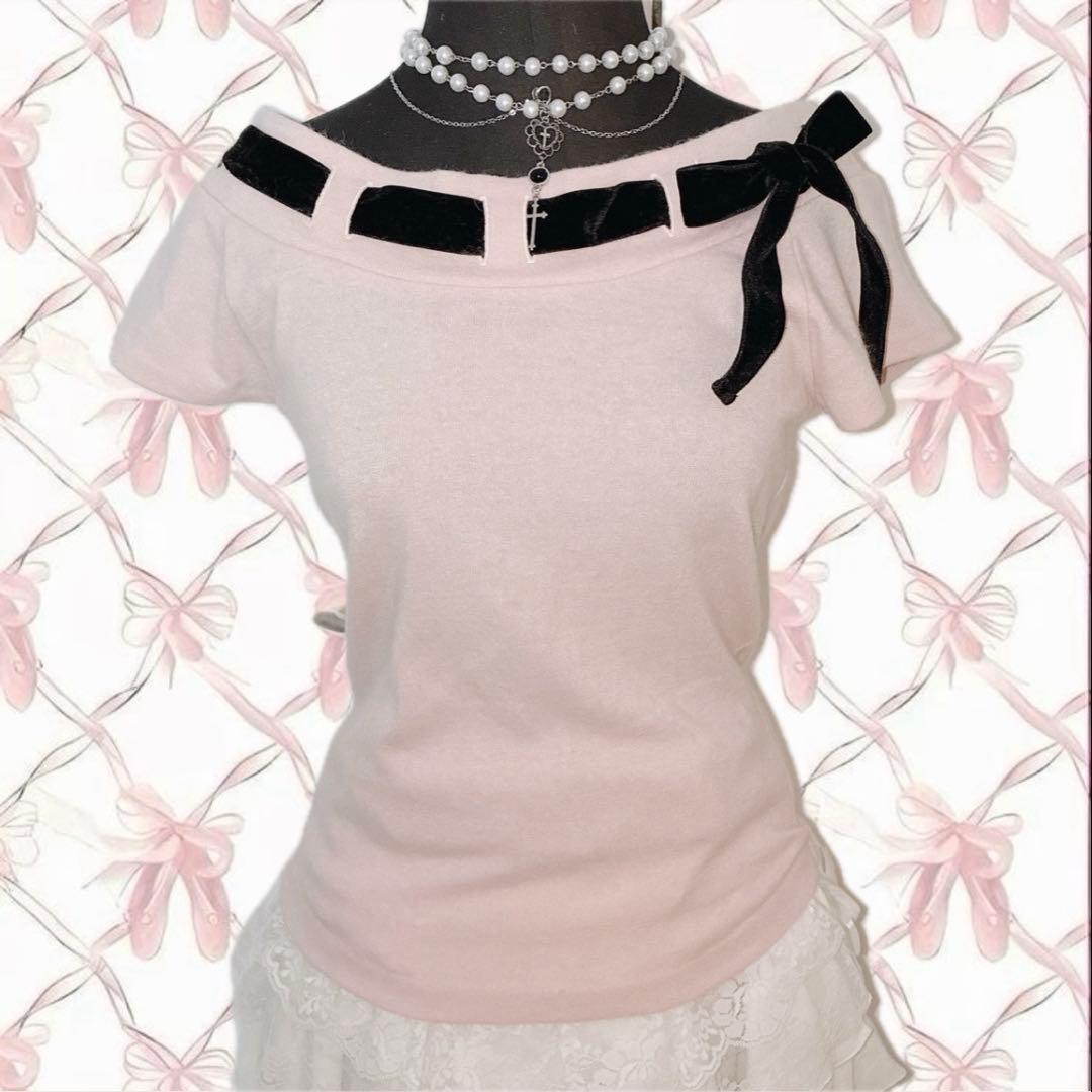 姫 LIZLISA系 平成 ベロアリボン オフショル トップス ウィッシュコア