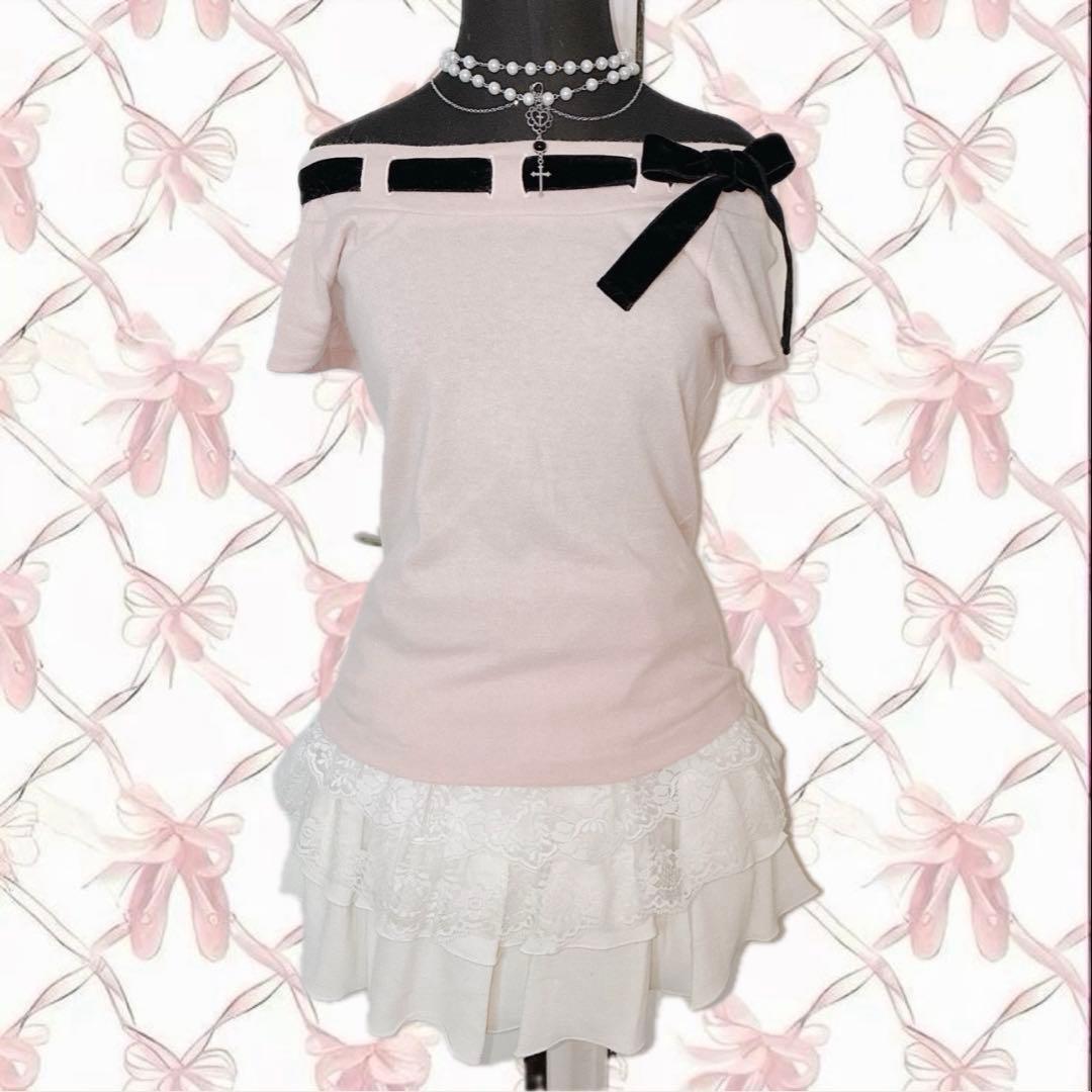 姫 LIZLISA系 平成 ベロアリボン オフショル トップス ウィッシュコア