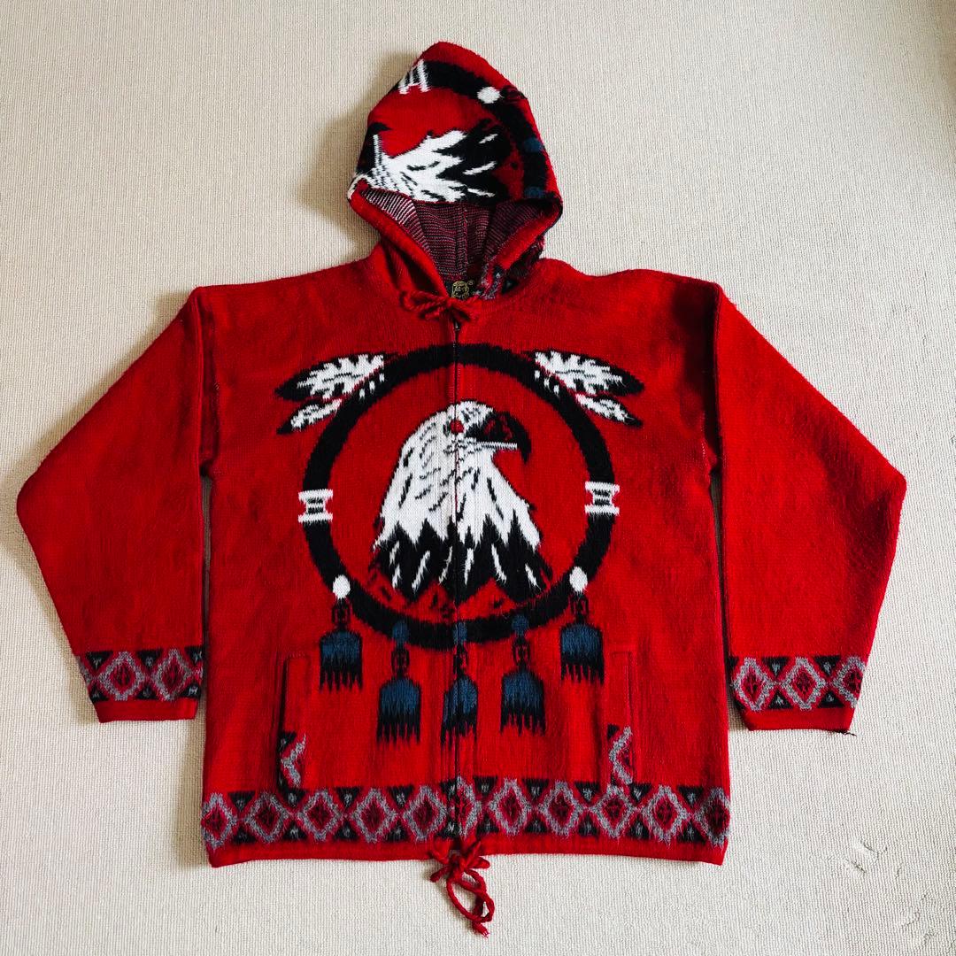 90s ヴィンテージ　エクアドルニット　ジップパーカー　総柄　イーグル　希少　L