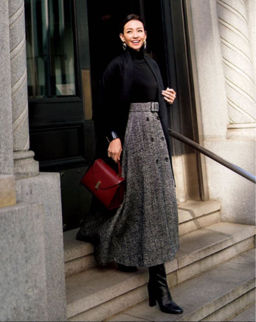 エブール ebure ヘリンボーン ダブルボタン フレアロングスカート 38