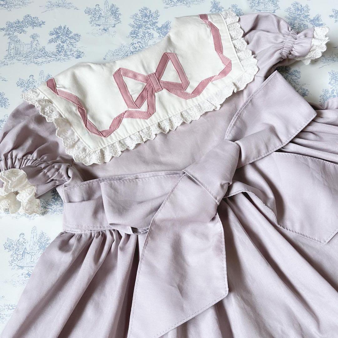 ハンドメイド♡90cmラベンダーフリルたっぷりセーラーワンピースリボン