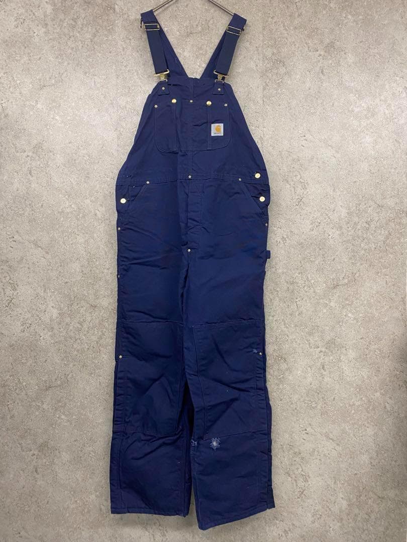 レアUSA製90s古着○カーハート オーバーオール ネイビー W42×L32