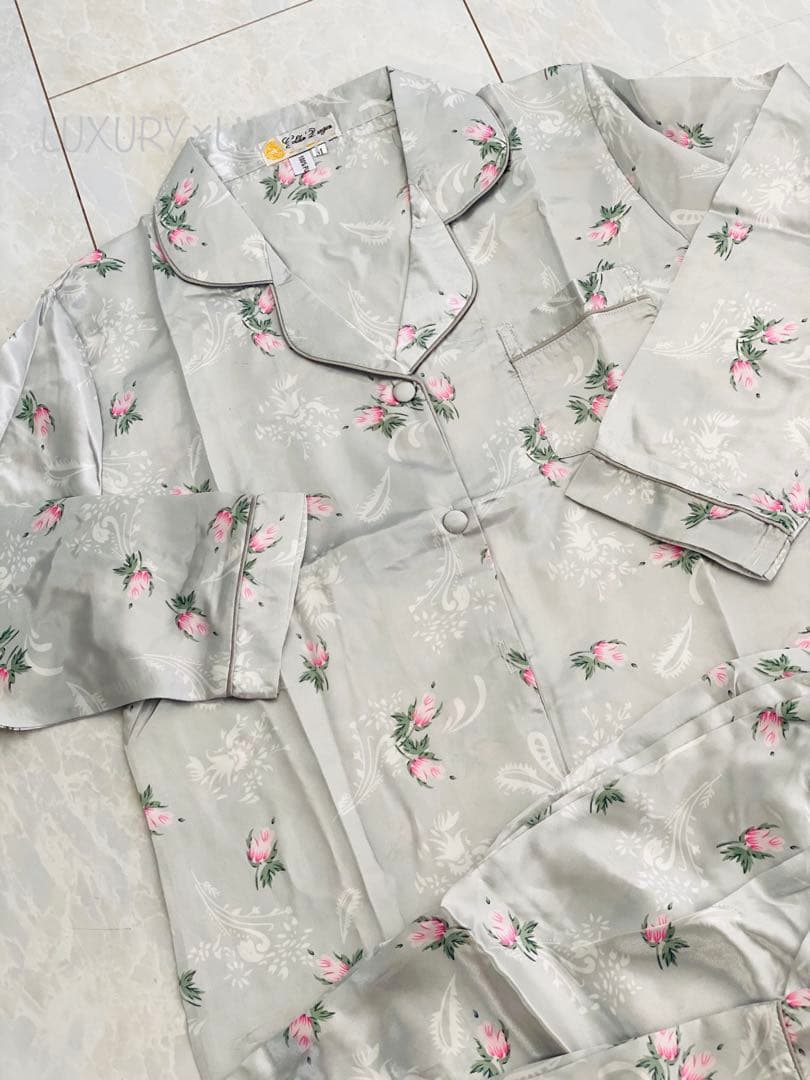 レディースL絹100%メンズネイビーXXLシルクパジャマ上下セットルームウエア