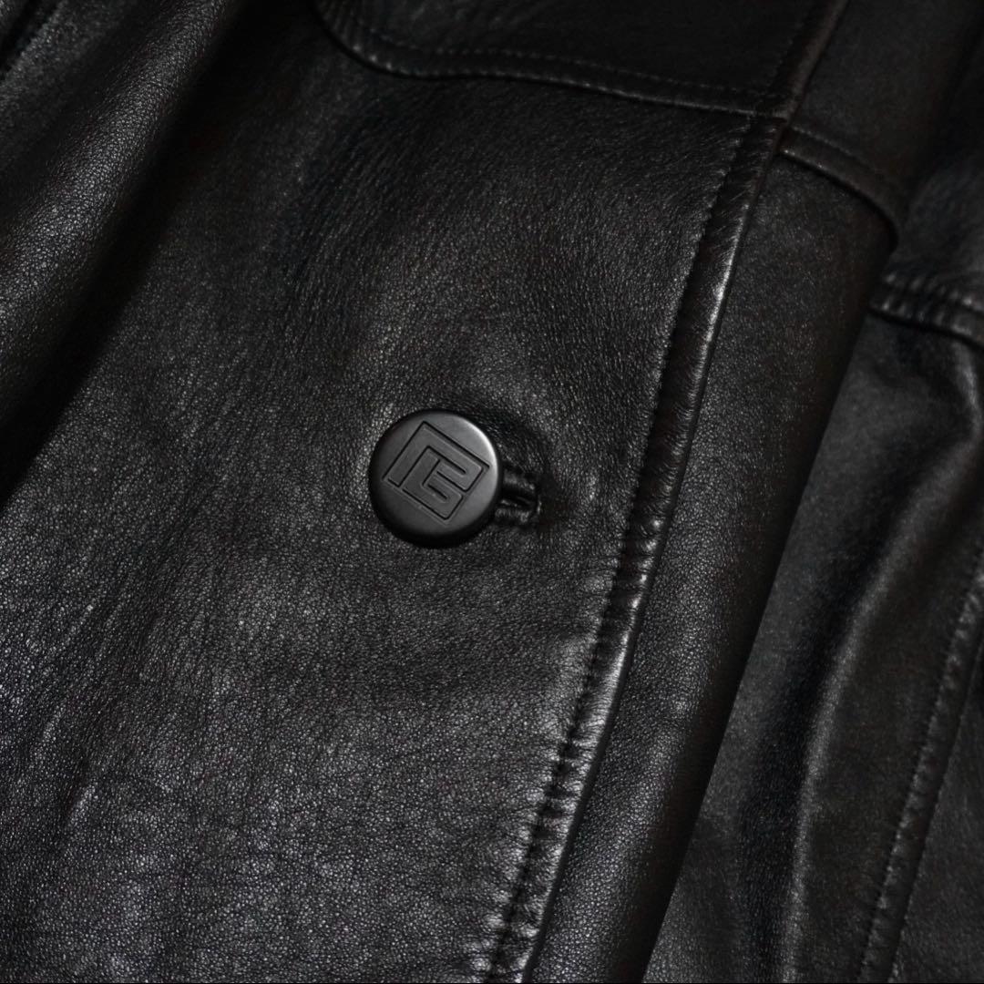 美品 ピエールバルマン ラムレザーロングコート 羊革 本革 派手裏地 黒