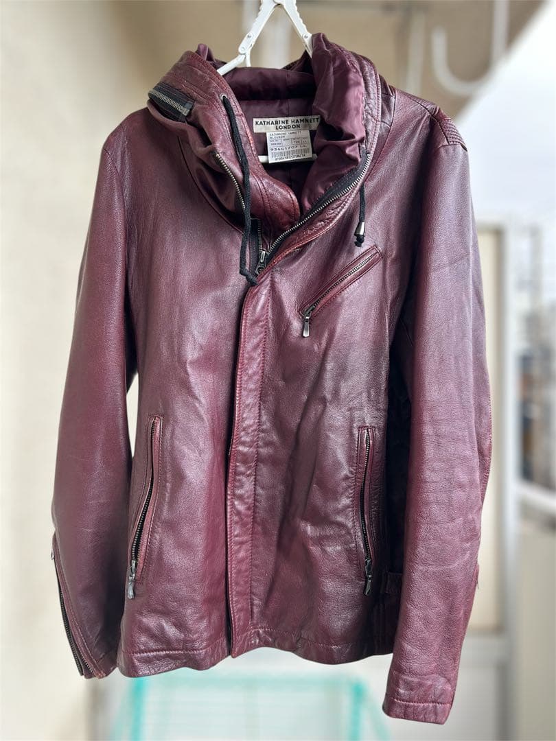本革 Katharine Hamnett London フードブルゾン ボルドー