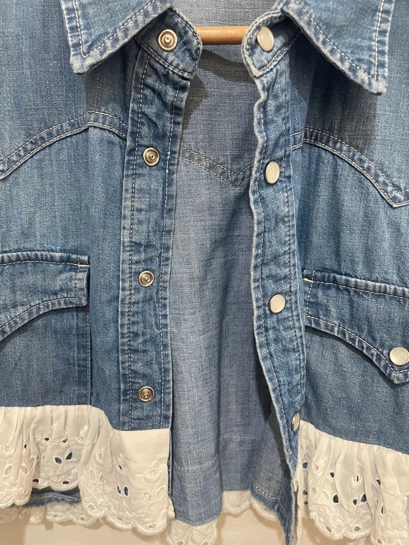 ミュウミュウ　デニムブルー レーストリム クロップドシャツ　38サイズ