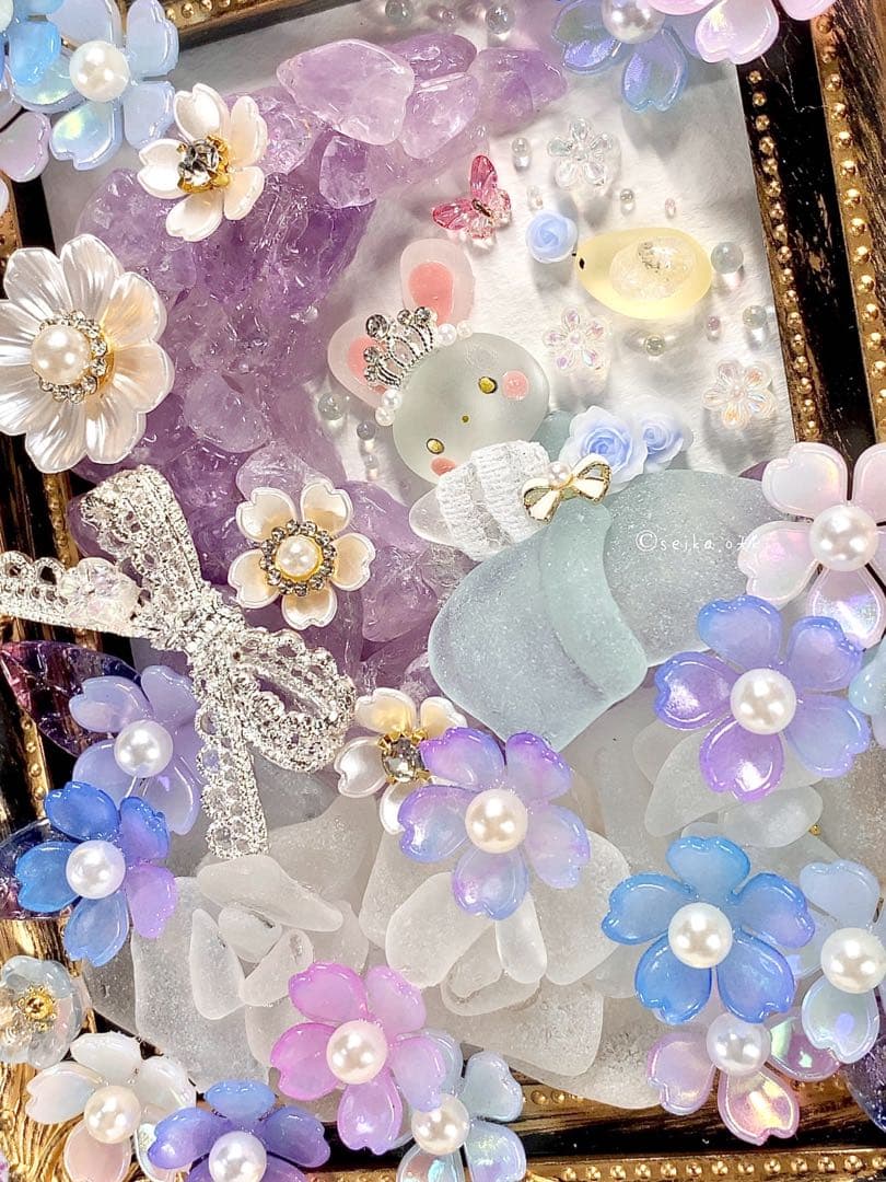 1215 ローズムーンとプリンセス うさぎ 花インテリア シーグラスアート 置物