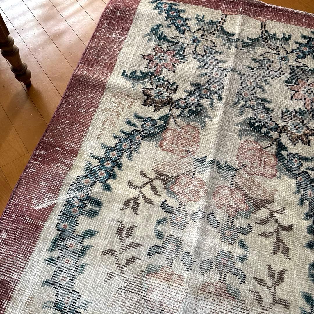 93×170擦れ　アンティークリースボタニカル　花柄　トルコヴィンテージラグ