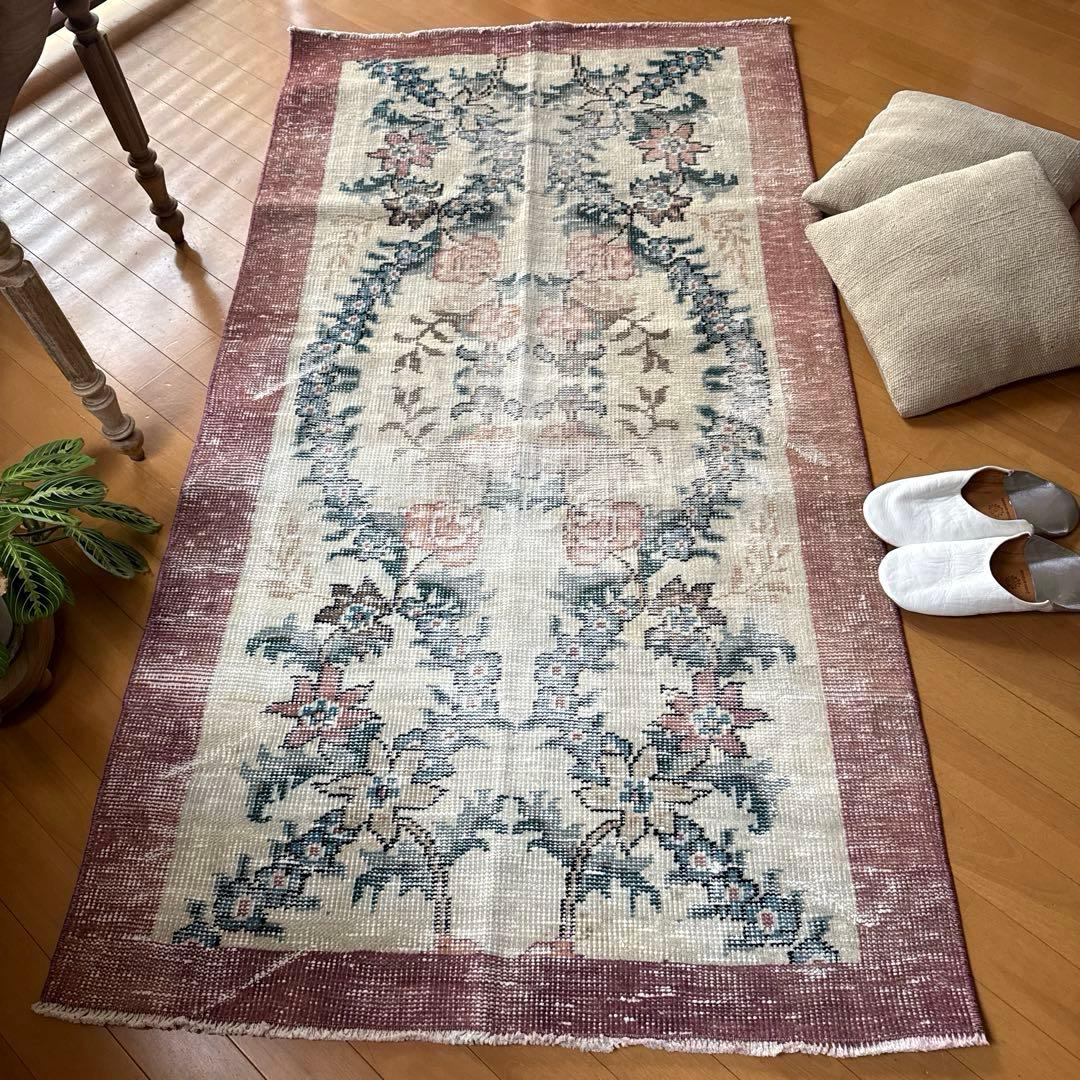 93×170擦れ　アンティークリースボタニカル　花柄　トルコヴィンテージラグ