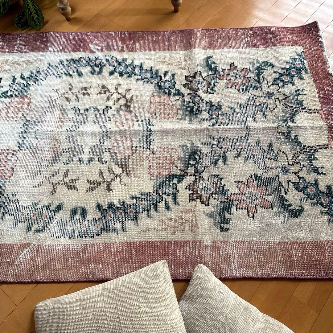 93×170擦れ　アンティークリースボタニカル　花柄　トルコヴィンテージラグ