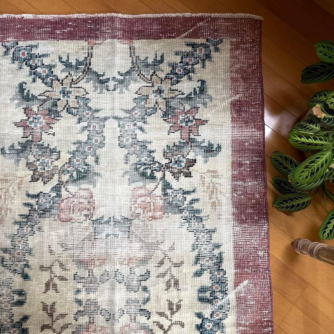 93×170擦れ　アンティークリースボタニカル　花柄　トルコヴィンテージラグ
