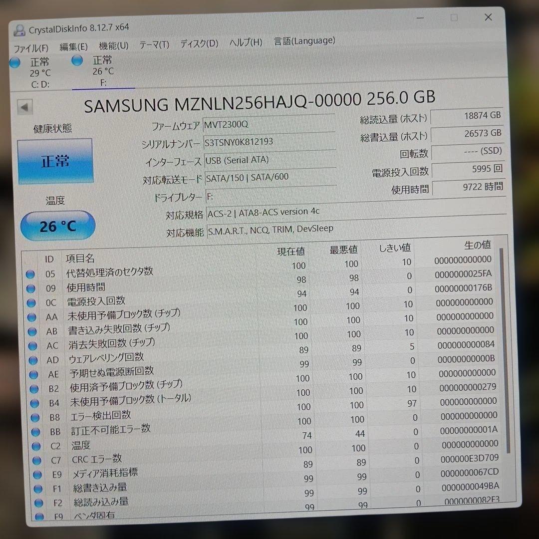 SAMSUNG M.2 SATA SSD 256GB ノートPC用 正常診断