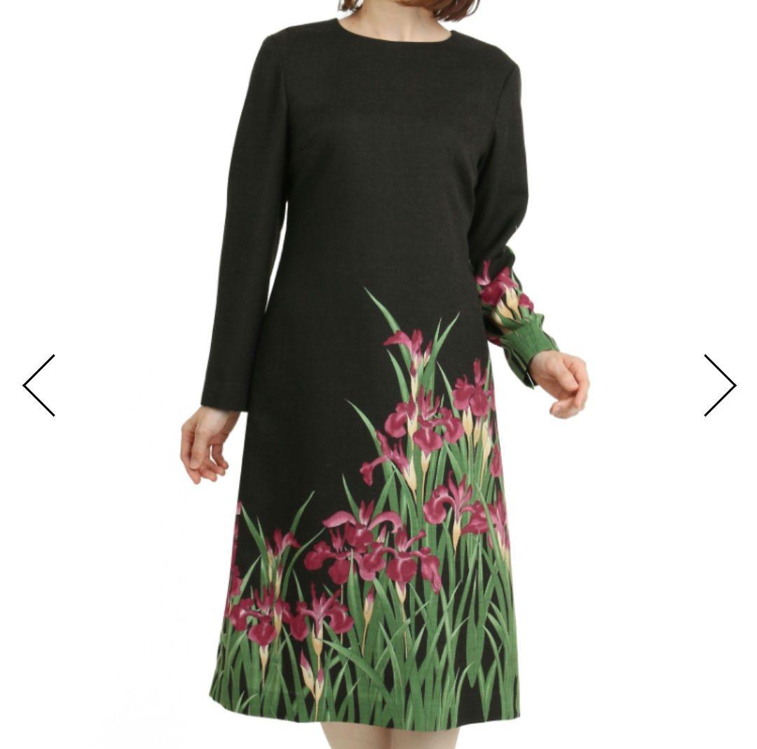 【新品タグ付】Pagong パゴン　尾形光琳 ビエラワンピース長袖　燕子花/黒紅