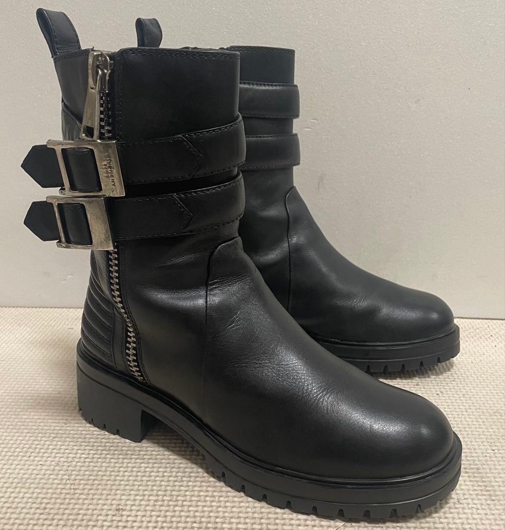 イタリア製GIVENCHYジバンシーWベルトジッパーブーツ35レザー黒