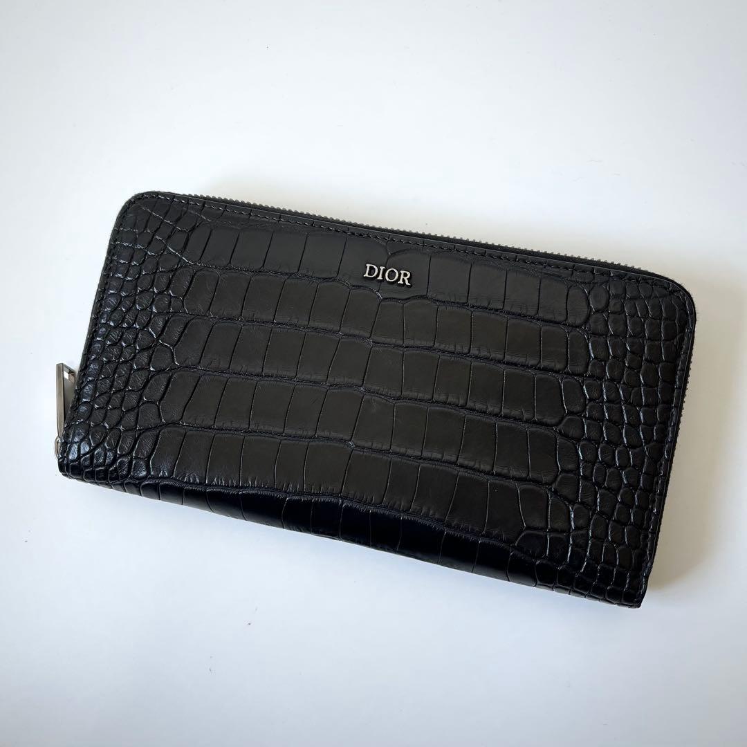 ディオール　クロコダイル　長財布　ラウンドジップ　鰐革　黒　ブラック