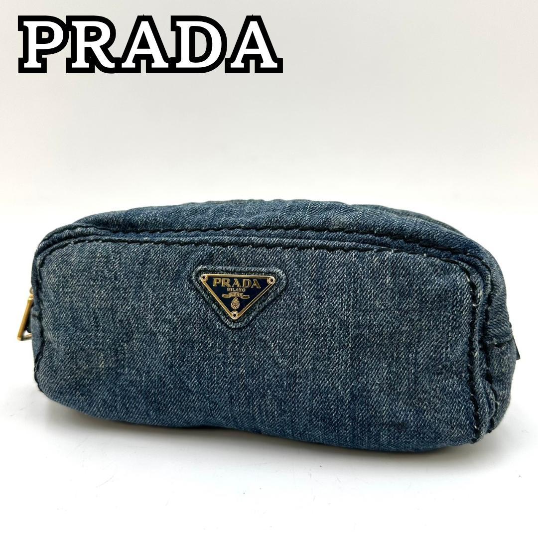 PRADA プラダ 三角ロゴプレート デニム マルチポーチ 化粧 コスメポーチ