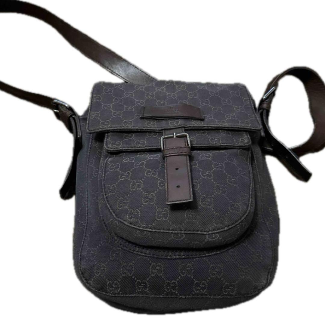 GUCCIGG柄 ロングショルダーバッグ 茶 ブラウン デニム×レザー