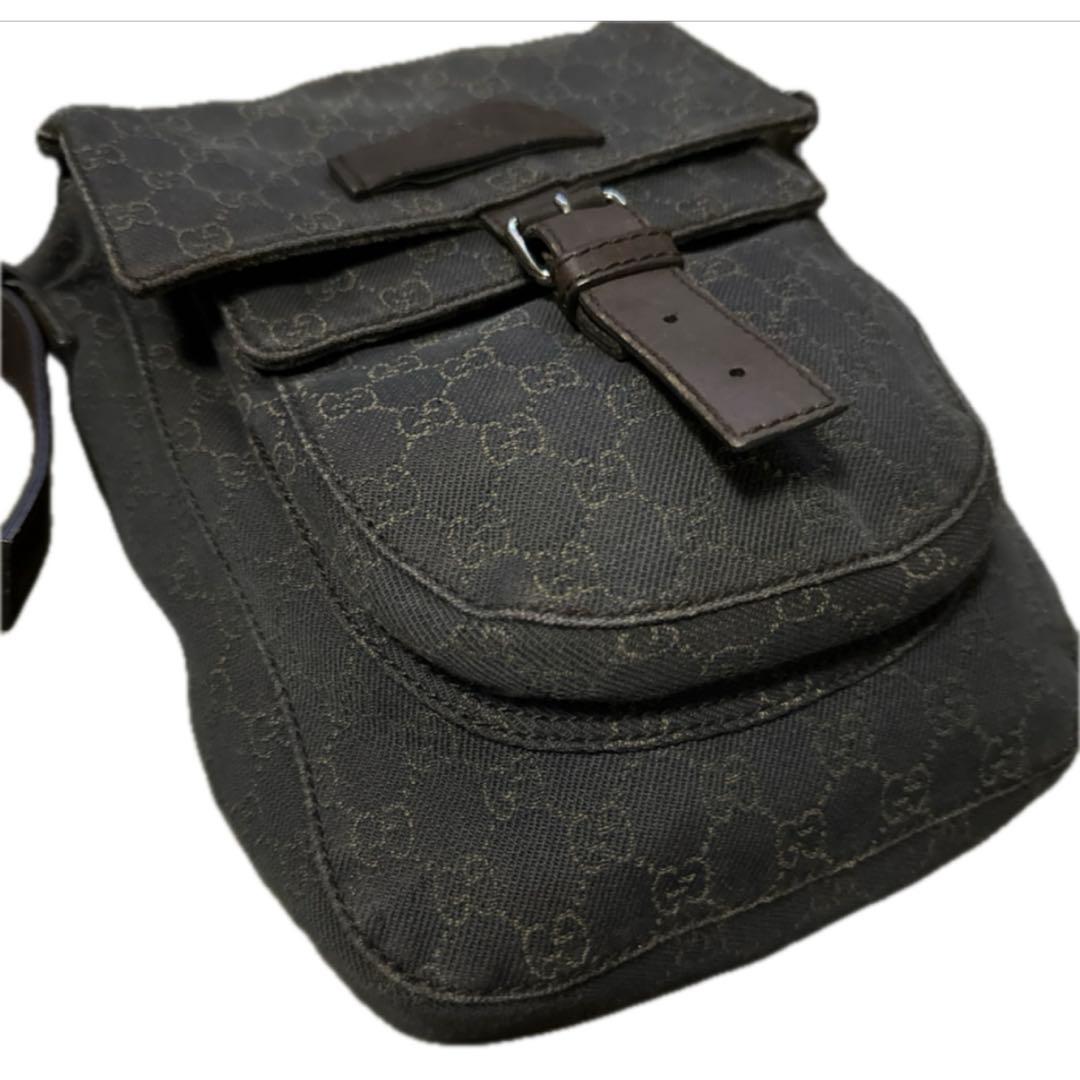 GUCCIGG柄 ロングショルダーバッグ 茶 ブラウン デニム×レザー