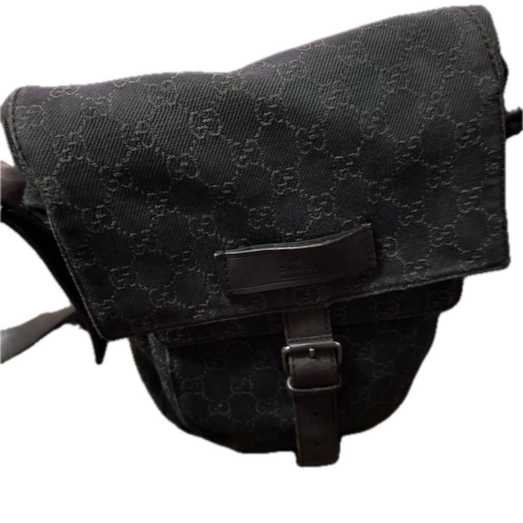 GUCCIGG柄 ロングショルダーバッグ 茶 ブラウン デニム×レザー