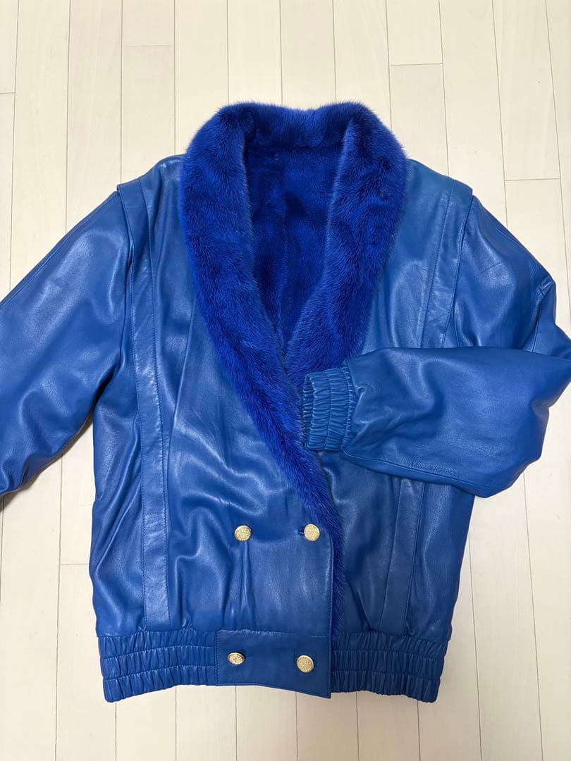 ミンクファー ラムレザー リバーシブル ジャケット ブルゾン Mサイズ ブルー