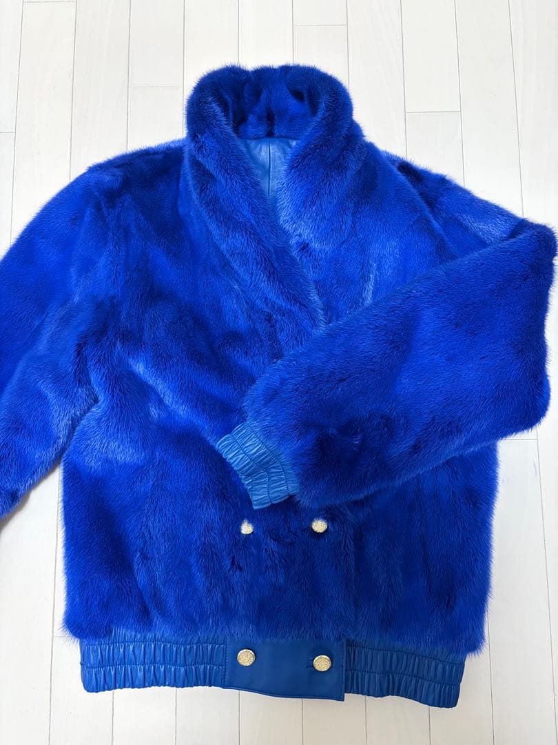 ミンクファー ラムレザー リバーシブル ジャケット ブルゾン Mサイズ ブルー