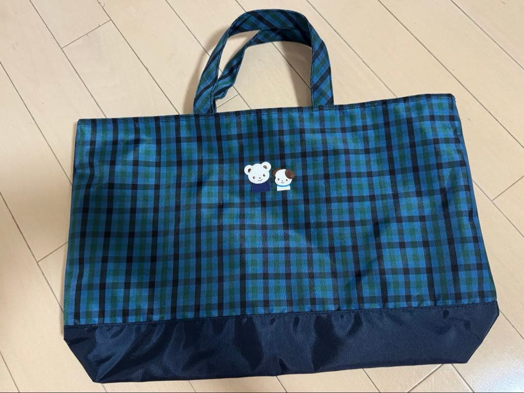 【未使用】familiar ファミリア 青系チェック ナイロン トートバッグ