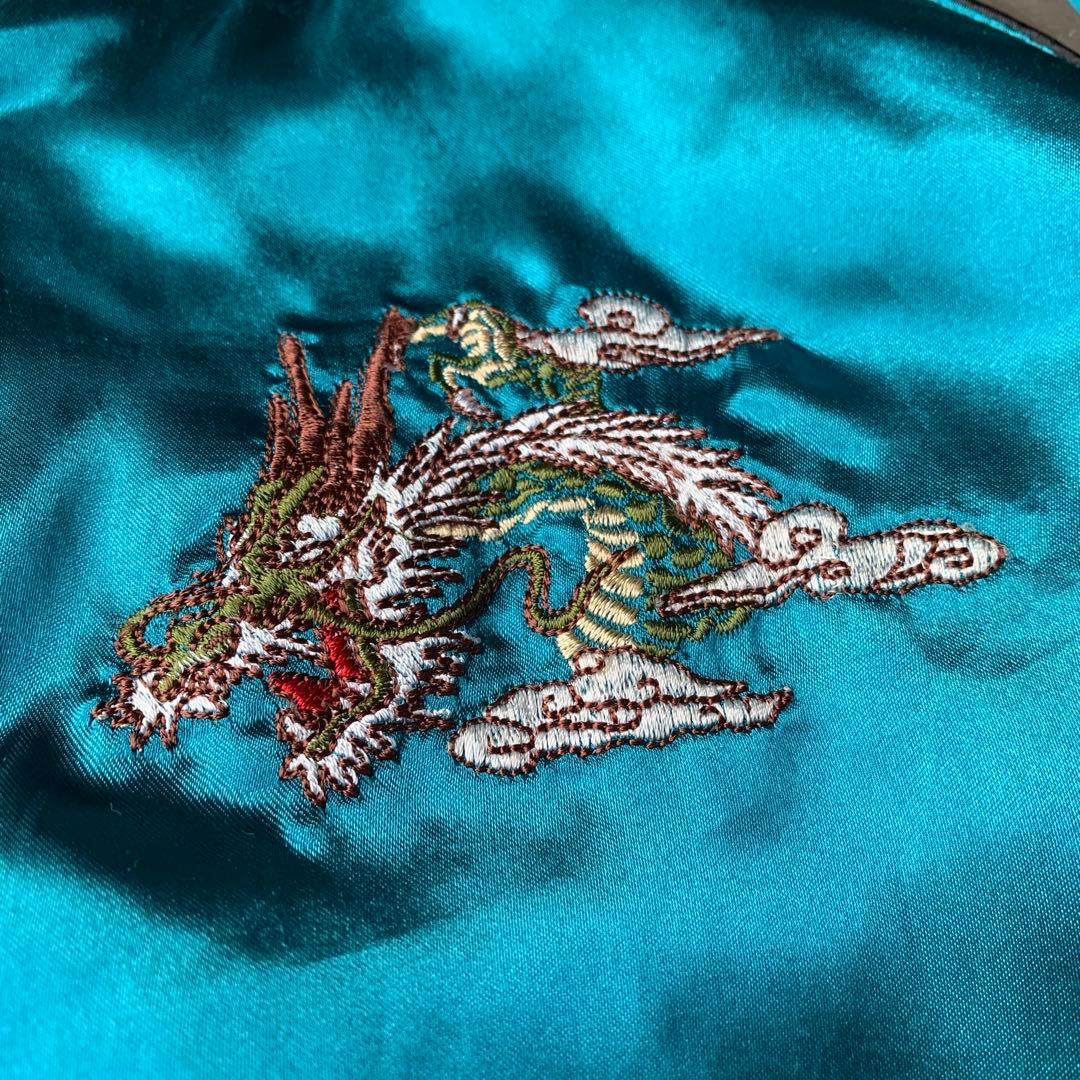 光玄 スカジャン ターコイズブルー 龍 富士山 刺繍 サテン地 中綿 Lサイズ