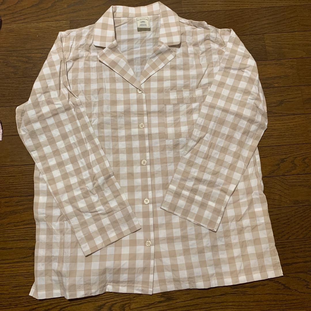 ジェラートピケ　ギンガムチェック　パジャマ　ベージュ　ピンク　上下2セット