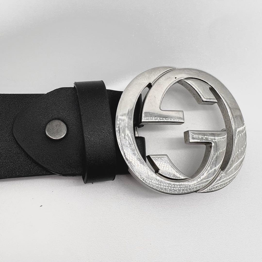 【美品】GUCCI　ベルト　インターロッキング　黒　シルバー　ダブルGG　レザー